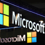 A sign of the Microsoft logo at the Integrated Systems Europe audiovisual and systems integration exhibition in Barcelona