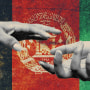 Photo Illustration: Two hands reaching out to each other, against the backdrop of a worn Afghan flag