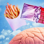 Photo Illustration: French fries, a chocolate bar, and potato chips float above a brain