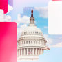 Photo illustration of phone screen shapes overlapping with a photo of the Capitol in Washington with blue sky and clouds.