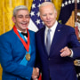 President Joe Biden presents the National Humanities Medal to Richard Blanco at the White House on March 21, 2023.