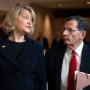 Senator Cynthia Lummis (R-WY) and Senator John Barrasso (R-WY) ride an escalator after the conclusion of an address by Ukrainian President Volodymyr Zelensky, at the U.S. Capitol, in Washington, D.C., on Wednesday, March 16, 2022. Ukrainian President Volodymyr Zelensky addressed American lawmakers today after yesterday addressing the Canadian Parliament, calling for a no fly zone and further military aid.