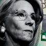 Photo Illustration: Betsey DeVos, alongside images of signs protesting her organization, and the outlines of Arkansas, Florida and Iowa