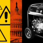 Photo illustration of warning signs, the Capitol in Washington, a portable generator, and a carbon monoxide detector and alarm.