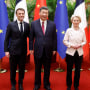 Chinas President Xi Jinping (C), his French counterpart Emmanuel Macron (L) and European Commission President Ursula von de Leyen meet in Beijing on April 6, 2023.