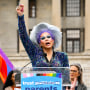 Drag artist Vidalia Anne Gentry speaks during a news conference in Nashville, Tenn.