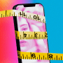 Photo illustration of a measuring tape wrapped around a phone screen showing distorted and reflected faces.