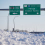 Road signage just outside of Emerson, Manitoba, in January 2022. That month, the bodies of four people were found in the province of Manitoba yards from the U.S. border near the community of Emerson. 