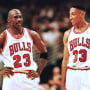 Michael Jordan and Scottie Pippen of the Chicago Bulls during a game against the Miami Heat in Chicago on May 22, 1997.