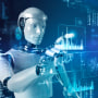 Artificial intelligence robot control futuristic data screen