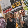 Tina Fey and Fred Armisen join striking members of the Writers Guild of America on the picket line, during a rally outside Silvercup Studio in New York