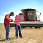 Jim Diamond, a la izquierda, y su esposa Sally Jones-Diamond revisan el trigo durante la temporada de cosecha en una granja en Akron, Colorado, el viernes 15 de julio de 2022. 
