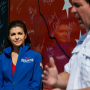 Casey DeSantis listens to her husband, Gov. Ron DeSantis of Florida, talk to press in Cedar Falls, Iowa on August 5, 2023. 