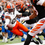 Cleveland Browns tight end David Njoku dives into the endzone for a touchdown during the game against the the Cincinnati Bengals in 2022.