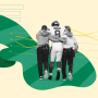 Photo illustration with cream background, green field with Aaron Rodgers being carried off field injured next to cutout of old fashioned football player