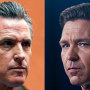 A side-by-side image of California Gov. Gavin Newsom and Florida Gov. Ron DeSantis.
