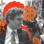 Sam Bankman-Fried in front of a red background surrounded by orange circle cutouts 