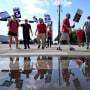 UAW union members picket on the street in front of a Stellantis distribution center on Sept. 25, 2023, in Carrollton, Texas. 