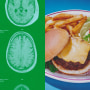 Collage of brain scans and cheeseburger