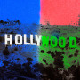 Photo Illustration: An image of the Hollywood sign split in half — the left half with the Israeli flag colors (blue and white) and the right with the Palestinian flag colors (black, green, and red)