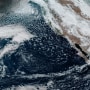 A satellite image of clouds over the Pacific Ocean.