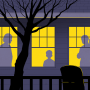 Illustration of two women and a young boy silhouetted through a window.
