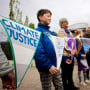 People demonstrate outside the European Court of Human Rights.