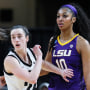 Iowa's Caitlin Clark and LSU's Angel Reese during a game