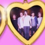 A gold heart-shaped locket with a photo of Anne Hathaway and Nick Galitzine in "Idea of You," and a photo of the members of One Direction.