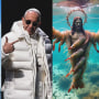 Photo Illustration: AI-generated images of a shark jumping out of the ocean, Pope Francis in a puffer jacket, and an underwater sculpture of Jesus Christ made out of shrimp