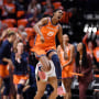 Tiffany Hayes while playing for the Connecticut Sun reacts after making a 3-point basket against the New York Liberty during the first half of Game 3 of a WNBA basketball semifinal playoff series Friday, Sept. 29, 2023, in Uncasville, Conn.