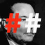 Photo illustration of Elon Musk's face covered with hashtag symbols 