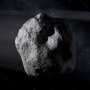 Rendering of two asteroids flying past Earth