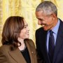 From left, Kamala Harris and Barack Obama smile at each other while standing side by side