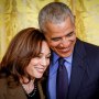 Barack Obama hugs Kamala Harris.
