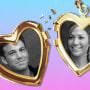 Black and white photographs of Ben Affleck and Jennifer Lopez in a broken heart shaped locket.