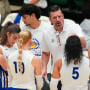 San Jose State head coach Todd Kress talks to his players.