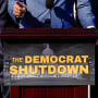 A split composite image of a sign taped to the front of a podium that reads "The Democrat Shutdown", a person, cropped, is pointing their finger behind the podium