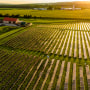 Sunset beams reflect in solar farm panels in Pennsylvania rolling farmlands and commercial zone in Brodheadsville, Poconos.
