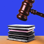 Gavel hovering above stack of laptops 