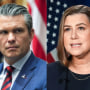 A split composite image of Pete Hegseth, left, and Elissa Slotkin
