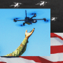 Photo illustration of a US Army soldier letting go of a quadcopter drone; the American flag; and swarming quadcopter drones.