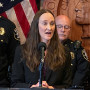 Seattle Mayor Katie Wilson at a press conference in Seattle.