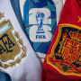 The Argentina and Spain Badges with the Official World Cup 2026 Match Ball