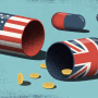 Illustration of a broken open pill, one side with an American flag and another side with the British flag. Coins fall out of the pills.