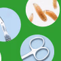 Photo illustrations of maggots alongside surgical equipment