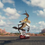 An animated coyote standing on the middle of the street while wearing rolling skates.