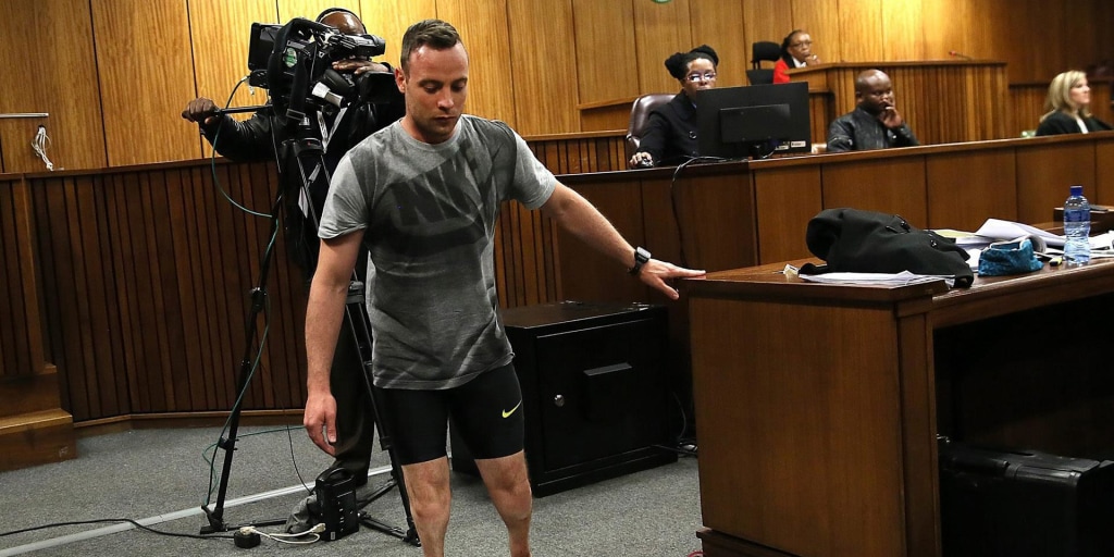 Oscar Pistorius was asked by his defense lawyer to remove his prosthetic le...