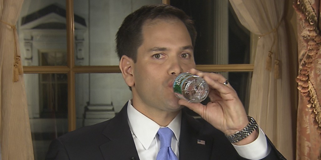 Rubio halts response for awkward drink of water