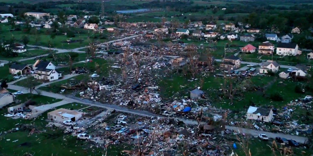 Drone video shows extensive damage following fatal Iowa tornado
